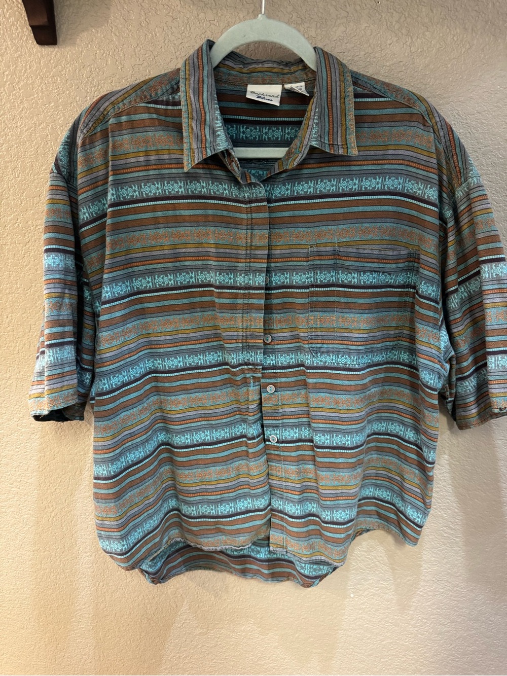 VINTAGE 1990s. Casual Striped Short-Sleeve Button-Up Shirt - Teal & Brown